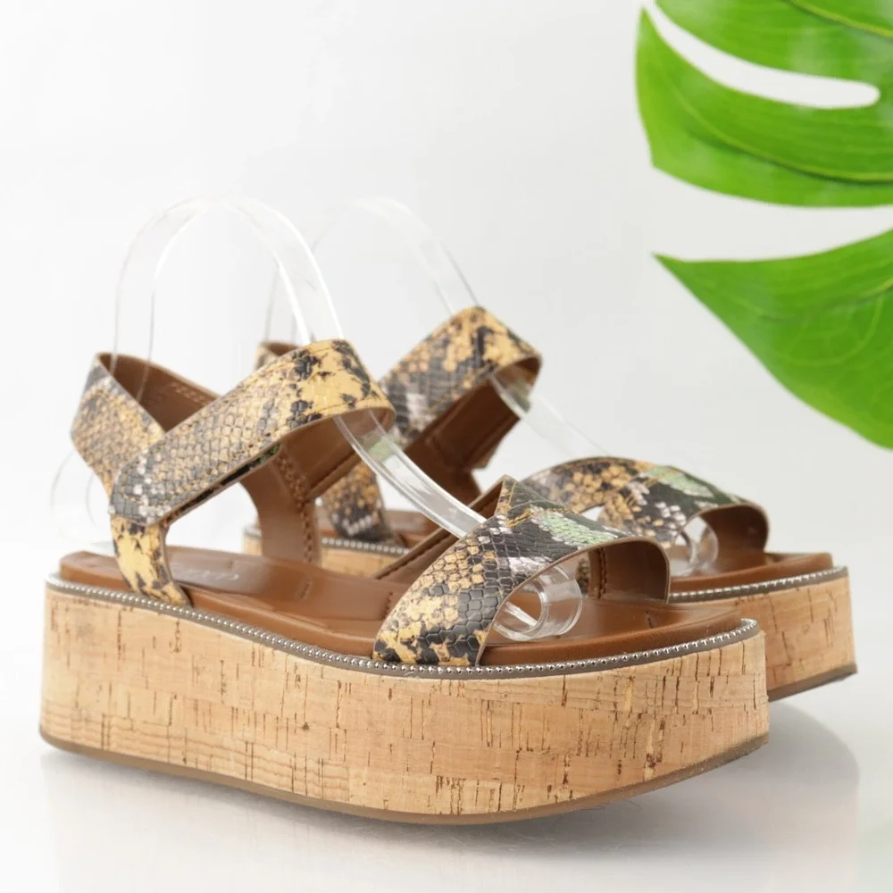 Franco Sarto Womens Ozio Sandals Size 8.5 Brown Snake Cork Wedge Platform Shoes